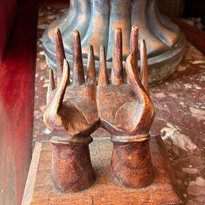 Vintage hand carved wooden offering hands sculpture
